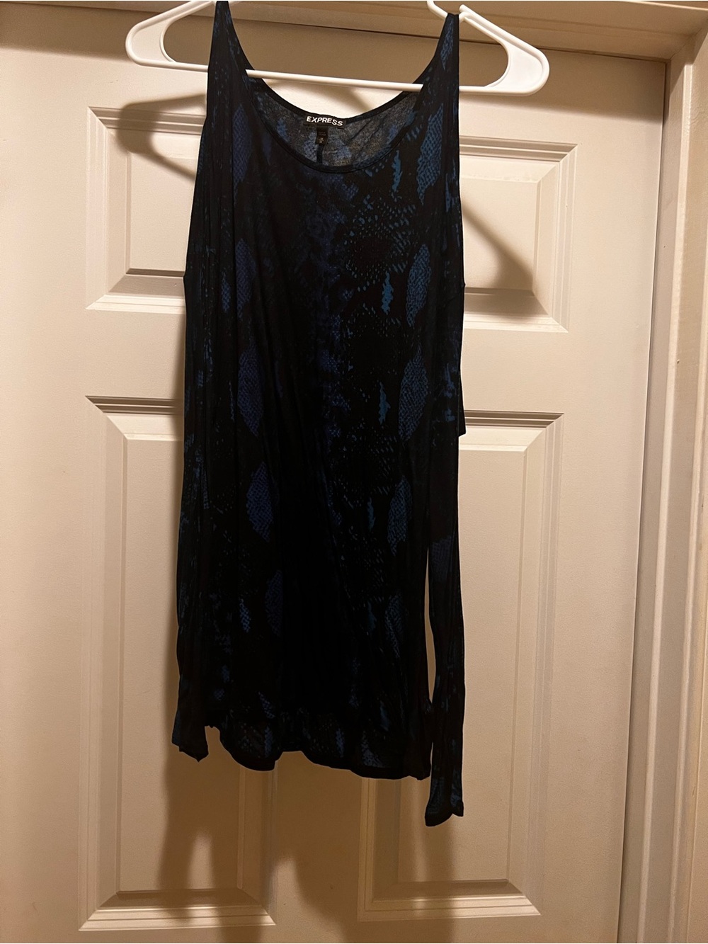 Express Black open shoulder top with Blue Snake-Print